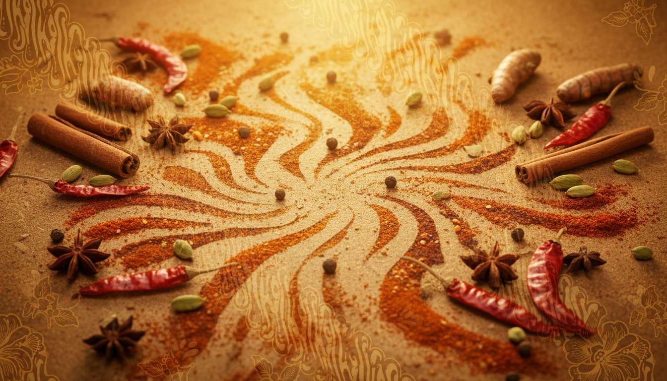 a natural background with a golden colour tone, spices, and batik patterns